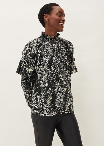 Phase Eight Daphne Floral Frill Shirts Black Australia | GN7892354